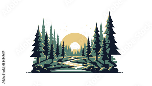 Stylized forest landscape illustration with trees river and sunset on white