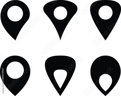 Set of minimalist map pin icons and location marker symbols for navigation design. Mobile app interfaces, GPS navigation systems, logistics tracking, and travel website maps.