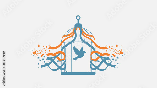 Symbolic illustration of bird escaping a cage with decorative ribbons