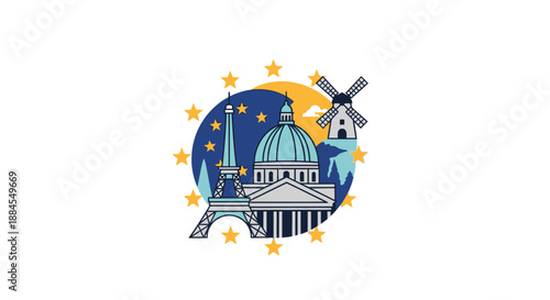 Illustration featuring european landmarks including a tower and building