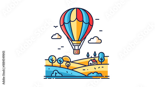 Colorful hot air balloon floating above rolling hills and landscape