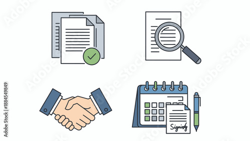 Document illustrations of handshakes magnifying glass calendar and checkmark