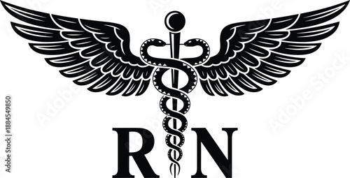 Black Caduceus Symbol With Wings And RN Text On White Keywords: caduceus, symbol, rn, nurse, medical, healthcare, wings, snake