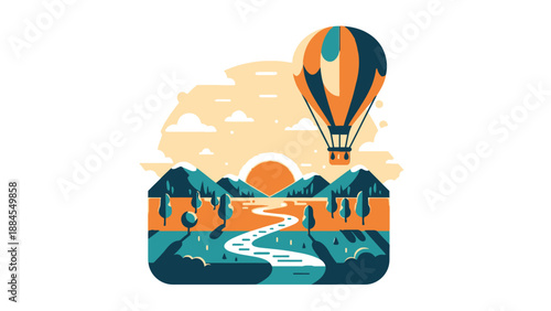 Colorful hot air balloon over stylized landscape at sunset illustration