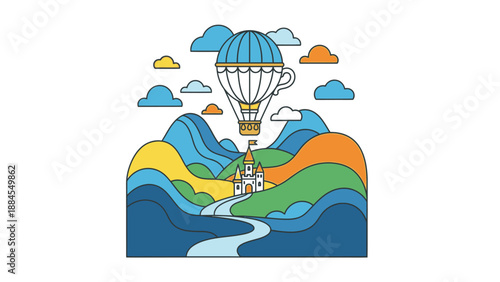 Stylized illustration of hot air balloon landscape for commercial use