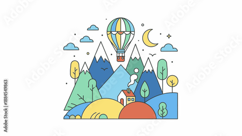 Colorful hot air balloon soaring above mountains at night landscape illustration