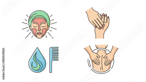 Spa treatment icons facial mask manicure massage and hydration symbols