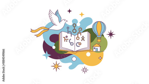 Abstract illustration of book with dove and air balloon education concept