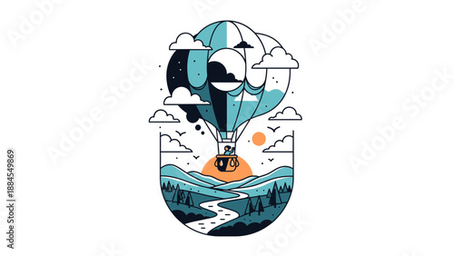 Hot air balloon flying over landscape vector illustration design concept