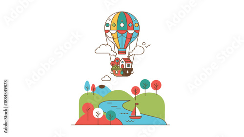 Colorful hot air balloon with landscape illustration against white background