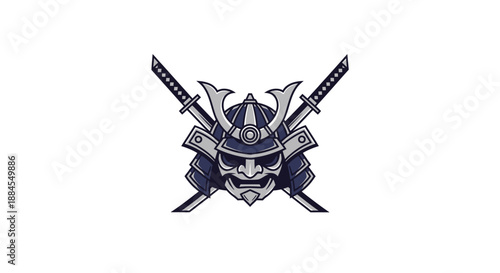 Samurai helmet and crossed swords emblem isolated on white background