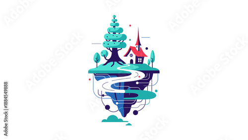 Fantasy island illustration floating landmass with tree and house vector design