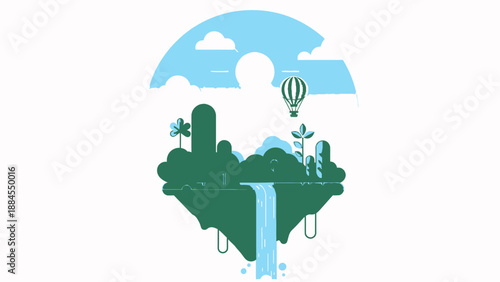 Abstract illustration of a floating island with nature elements and a hot air balloon