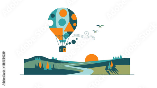Colorful hot air balloon soaring above landscape illustration with copy space