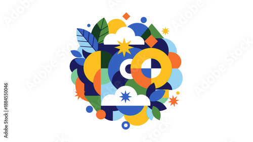 Abstract geometric composition of shapes and forms on white background