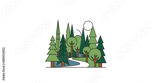 Stylized forest illustration with trees path and sun nature concept
