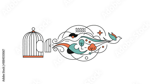 Abstract illustration of bird escaping cage representing freedom and liberation