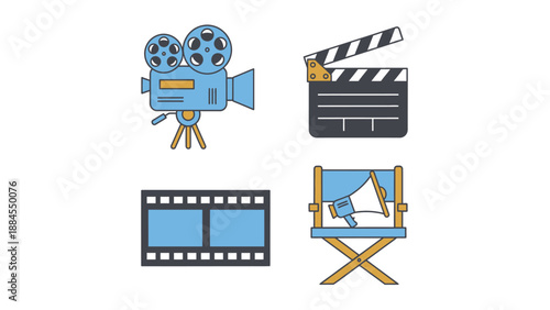 Film production icons vintage camera clapperboard film strip directors chair