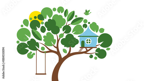 Cartoon treehouse illustration with swing and bird on white background