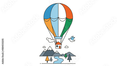 Colorful hot air balloon floating above mountains and river vector illustration