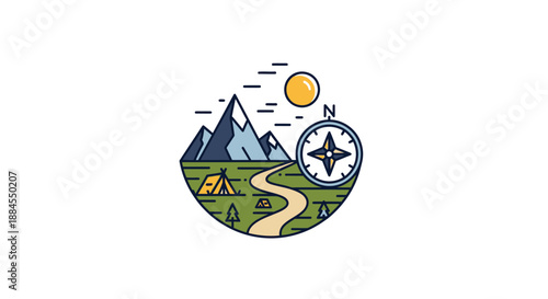 Mountain landscape illustration with compass concept for travel and adventure
