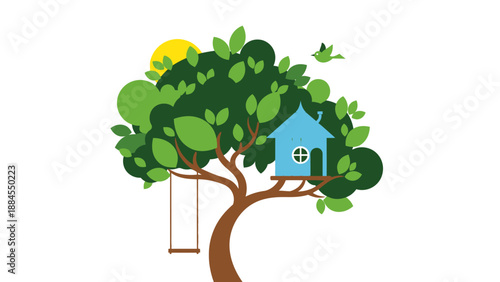 Cartoon treehouse illustration with swing and birds on white background