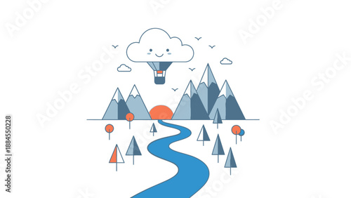Illustrated mountain landscape featuring hot air balloon and river in clean design