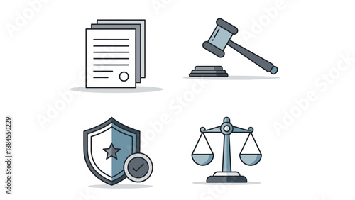 Legal icons documents scales gavel and shield representing justice