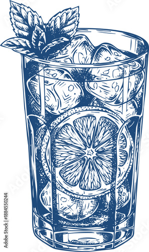 Iced drink with lemon slice and mint leaves in tall glass sketch