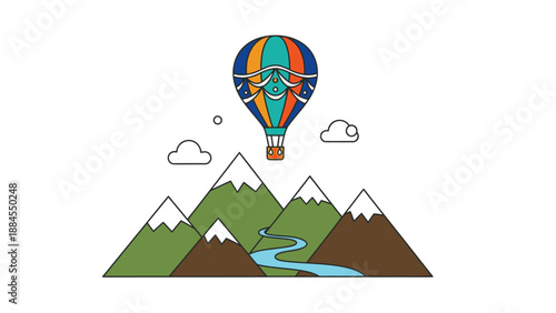 Colorful hot air balloon soaring above mountains with clouds in a vector design