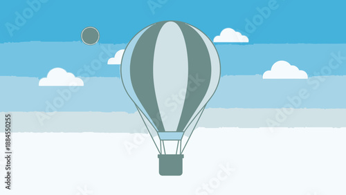 Hot air balloon soaring high in the sky with clouds and bright atmosphere