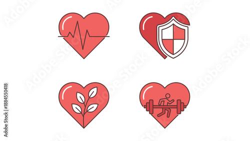 Set of red heart icons representing health fitness and well being concepts