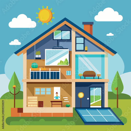 a colorful illustration depicts a two story house with a cutaway view showcasing interior rooms and a solar panel array on the roof