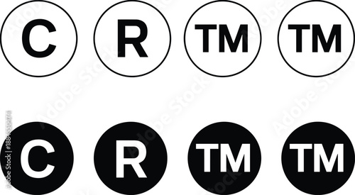 Copyright and trademark symbols in black and white circles on a white background copyright symbol C in circle
