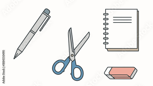 Office supplies pen scissors notebook and eraser isolated on white