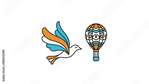 Colorful bird and hot air balloon icons on white background vector