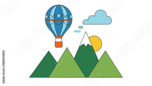 Colorful hot air balloon soaring above green mountains and a bright sun