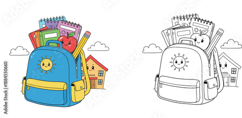 Cute Back to School Kawaii Backpack with Notebooks Apple and Pencil Illustration Set, Coloring Book Page and Colorful Cartoon Vector Design for Kids Education Activities and Projects.