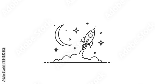 Rocket launching into space with moon and stars on white background