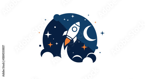 Rocket launching through space with stars and moon decorative illustration