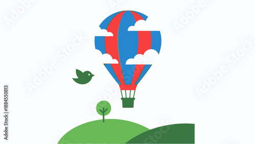 Colorful hot air balloon with landscape and bird illustration on white