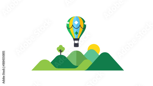Colorful hot air balloon over green hills with sun illustration