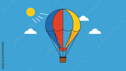 Colorful hot air balloon floating in a clear blue sky with sunlight
