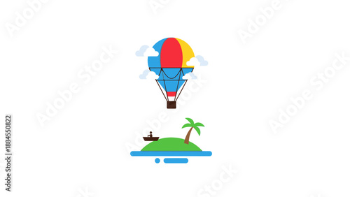 Colorful hot air balloon above tropical island illustration on white background