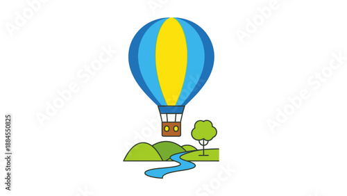 Colorful hot air balloon floating above a green landscape against white background