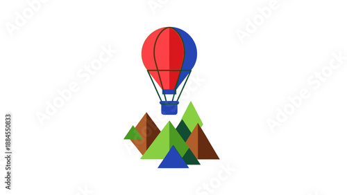 Colorful hot air balloon soaring above geometric mountains against white background