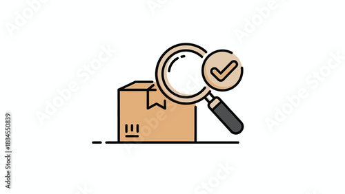 Box examination with magnifying glass and checkmark icon on white background
