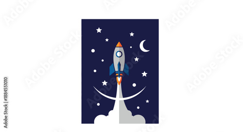 Cartoon rocket ship launching into space against a starry night background