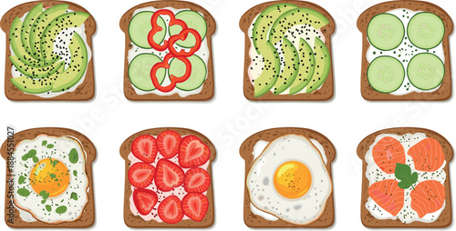 Vector illustration set featuring eight diverse gourmet toasts with avocado egg salmon and strawberry for healthy cafe menus