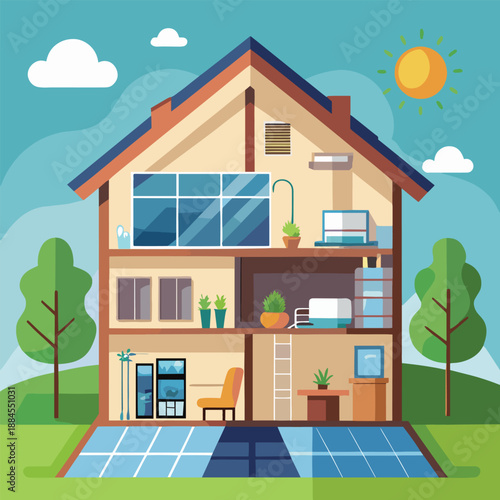 a colorful illustration depicting a two story house with visible interior rooms a sunny sky and surrounding greenery in a peaceful setting